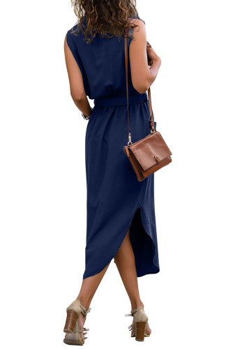 Blue Sleeveless Shirt Long Dress with Pockets