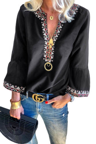 Black Boho Floral V Neck Long Sleeve Casual Top
