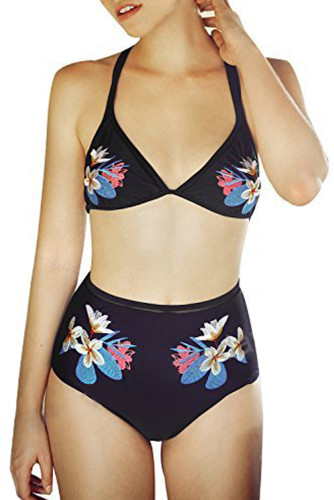 Black Embroidery Mesh Splicing High-waisted Swimsuit Bikini