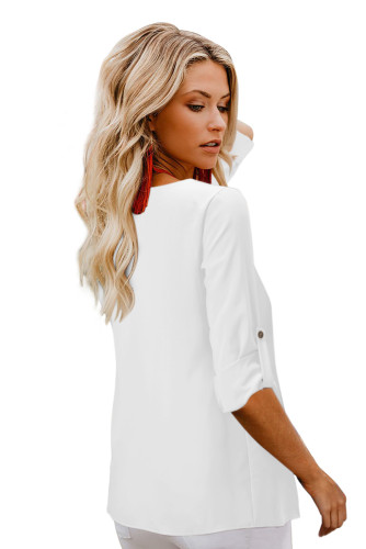 White Button Detail Roll up Sleeve Blouse
