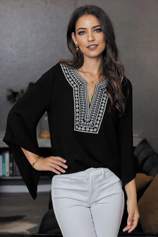 Black V Neck Vintage Floral Print Blouse