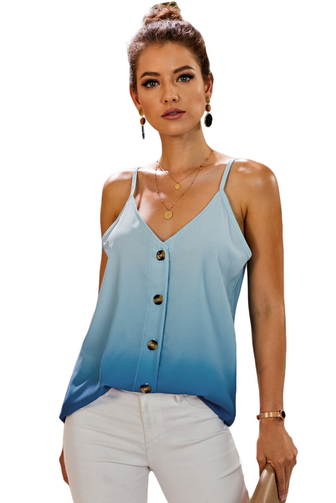 Blue Ombre Button Down V Neck Strappy Tank Top