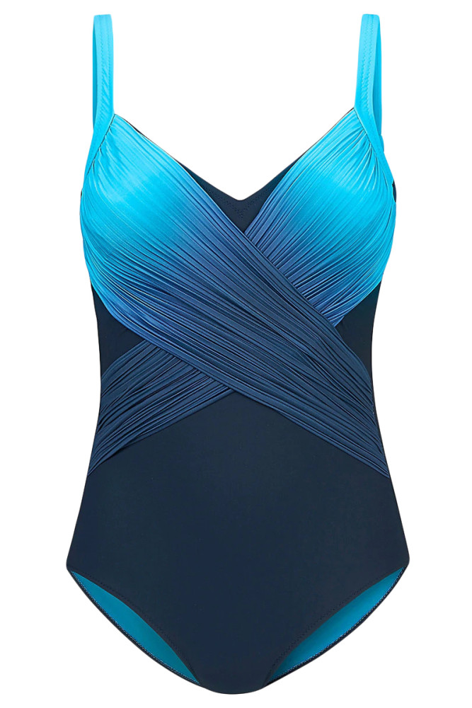 Blue Pleated Cross Wrap Front Maillot