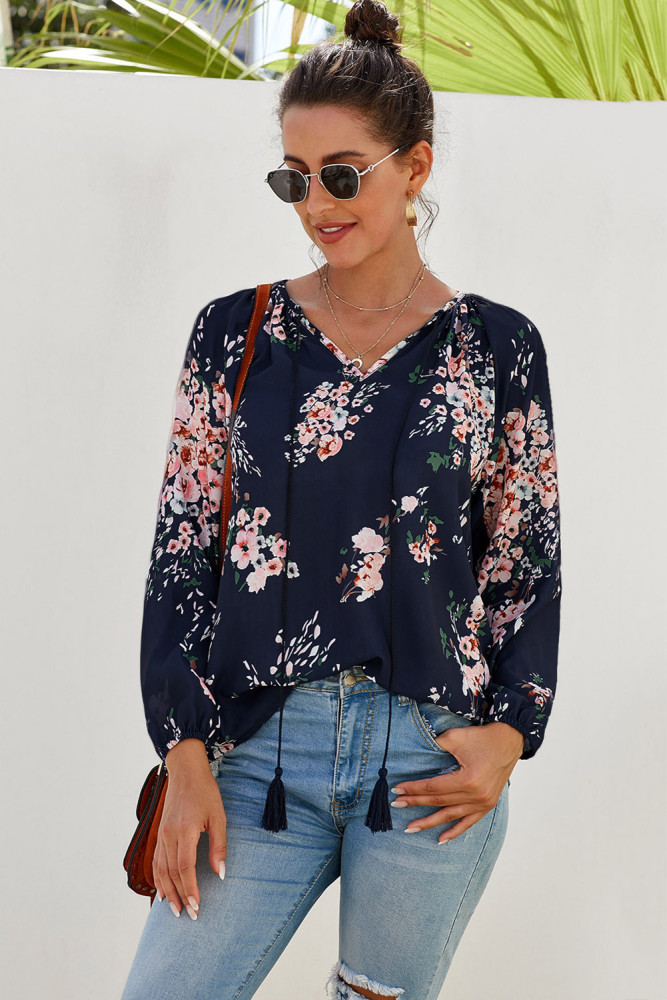 Blue Floral Print Peasant Blouse