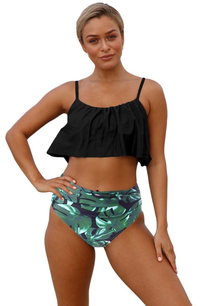Black Ruffle Top High Waist Bottom Bikini Swimsuit