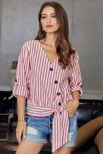 Red Striped Wrap Button Down Shirt