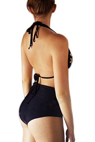 Black Embroidery Mesh Splicing High-waisted Swimsuit Bikini
