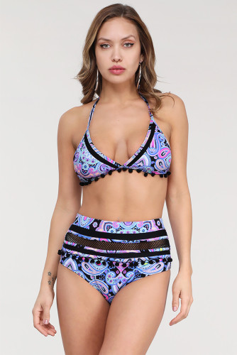 Sky Blue Stripe Tassel Trim High Waist Bikini
