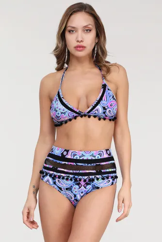 Sky Blue Stripe Tassel Trim High Waist Bikini