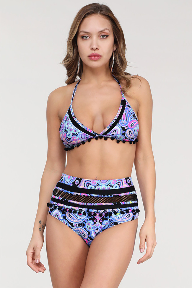Sky Blue Stripe Tassel Trim High Waist Bikini