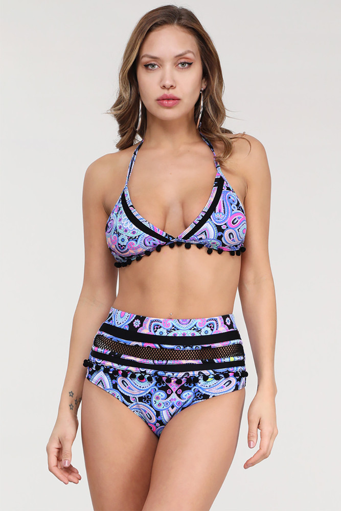 Sky Blue Stripe Tassel Trim High Waist Bikini