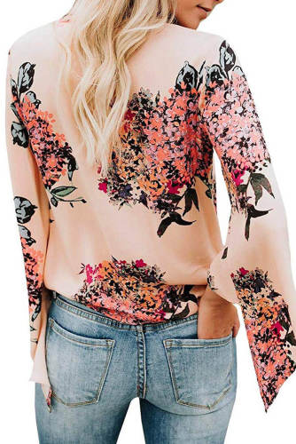 Pink V Neck Flared Sleeve Floral Blouse