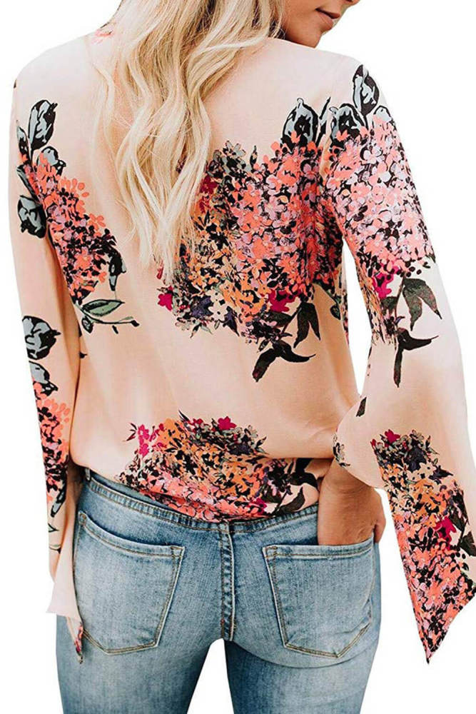 Pink V Neck Flared Sleeve Floral Blouse