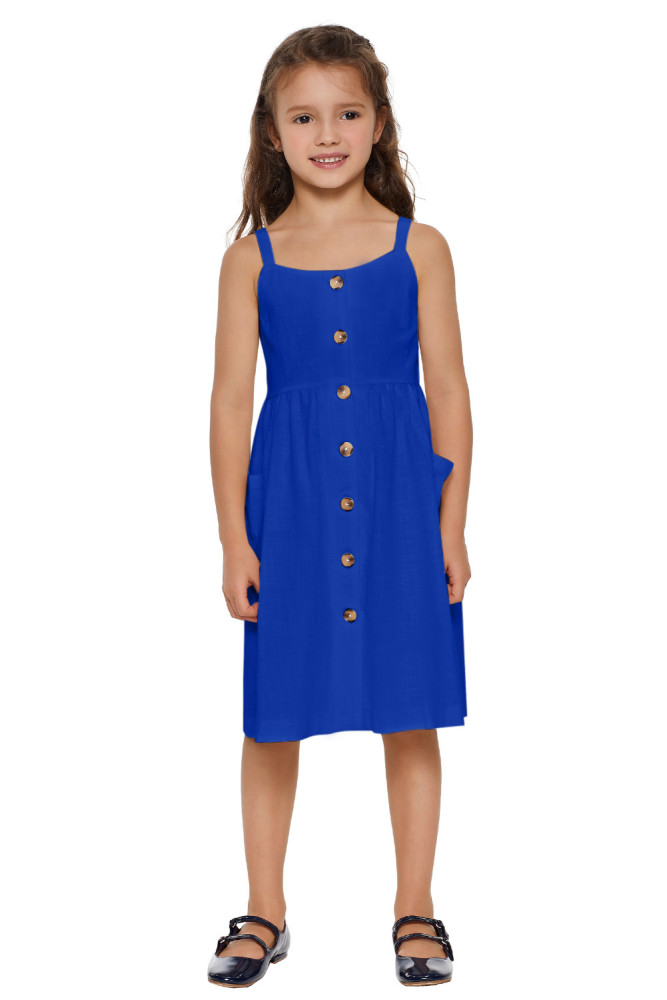 Blue Little Girls Spaghetti Strap Button Dress with Pockets