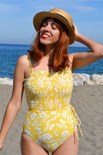 Yellow Fashion Side Tie Flower Print One Piece Swimsuit