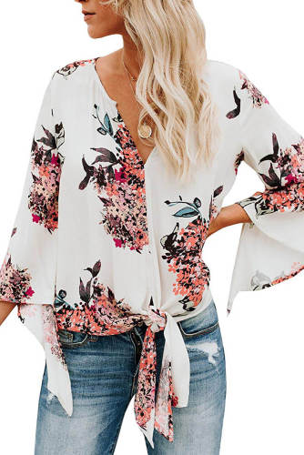 White V Neck Flared Sleeve Floral Blouse
