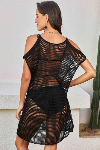 Black Slit Shoulder Fishnet Beach Cover up