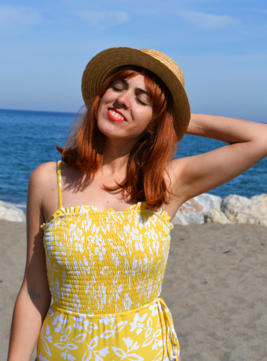 Yellow Fashion Side Tie Flower Print One Piece Swimsuit