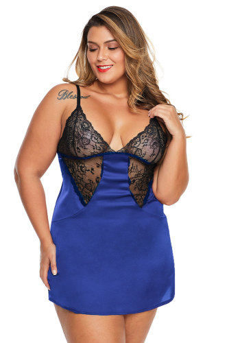 Blue Coloblock Lace Cup Hollow-out Plus Size Babydoll