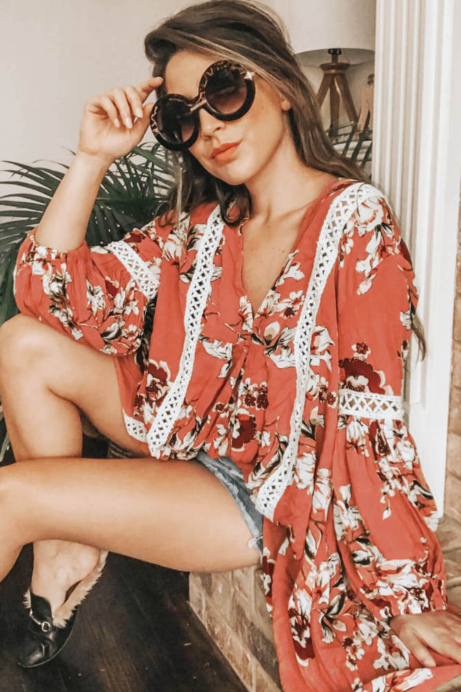 Orange Long Sleeve V Neck Hollow Out Boho Floral Blouse