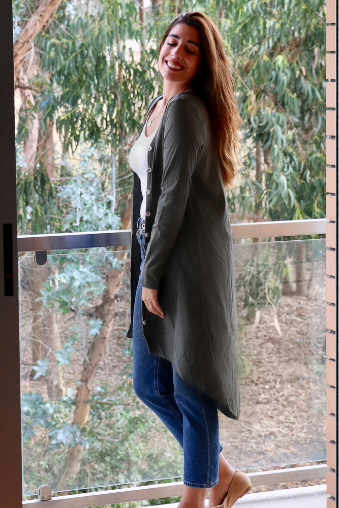 Gray Selected Button Down Pocketed High Low Cardigan