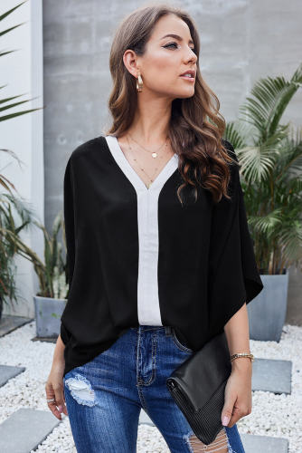 Black Fashion Contrast Color V Neck Blouse