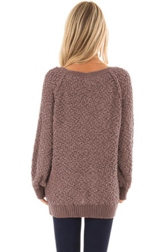 Brown Ribbed V Neckline Popcorn Knit Sweater