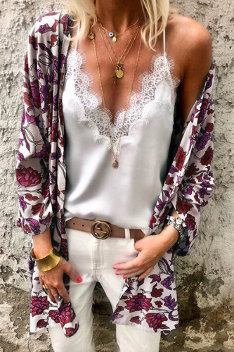 Red Floral Print Loose Kimono Cardigan Cape