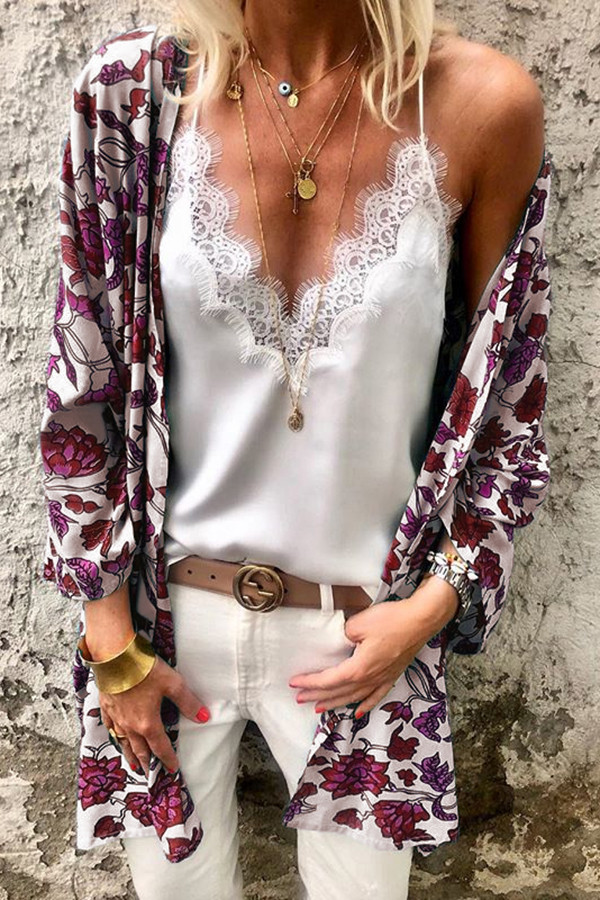 Red Floral Print Loose Kimono Cardigan Cape