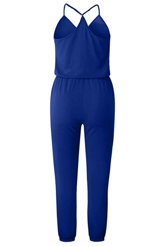 Blue Buttoned V Neck Sleeveless Jumpsuit