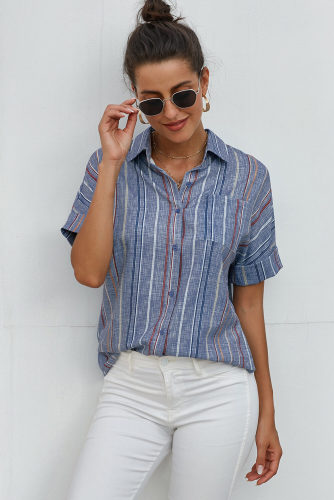 Blue V Neck Stripes Roll up Sleeve Button Down Shirt