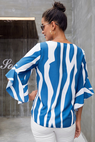 Sky Blue Vertical Stripes V Neck 3/4 Sleeve Blouse