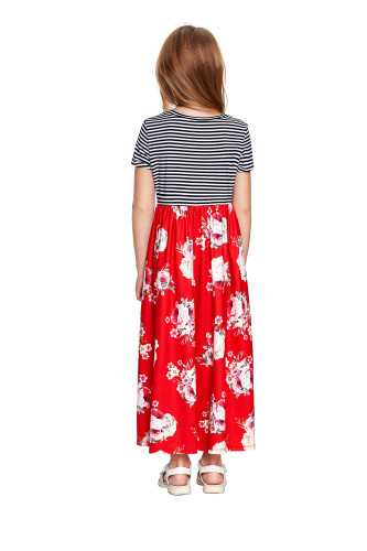 Red Striped Floral Print Little Girls Maxi Dress