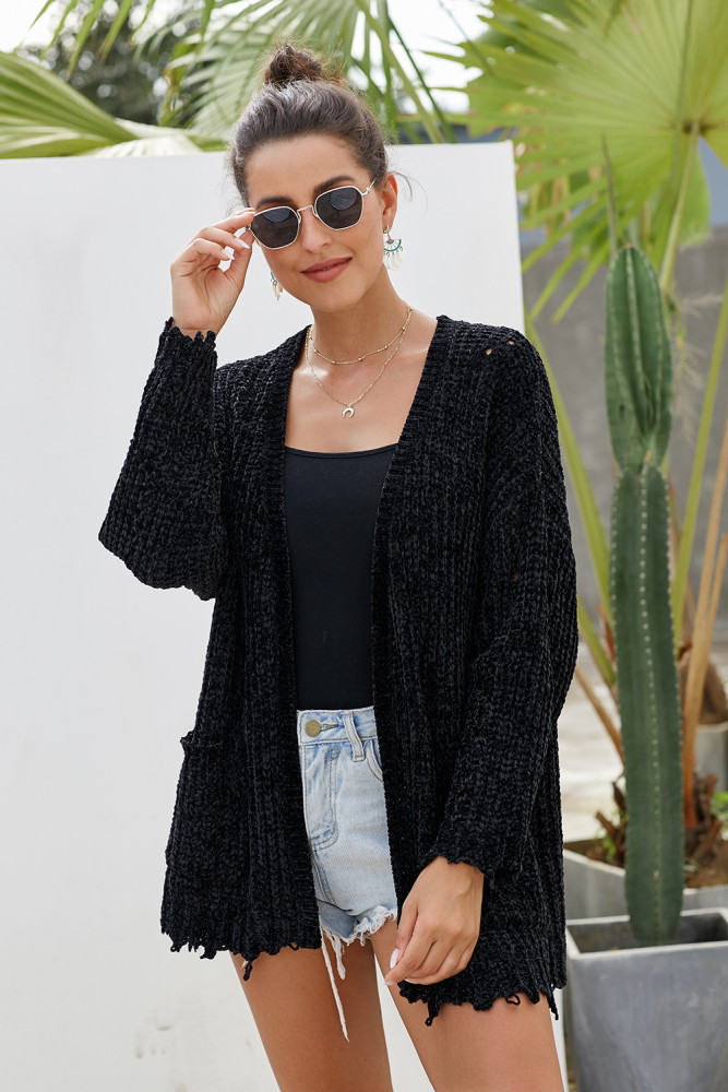 Black Chenille Knit Destroyed Cardigan Sweater