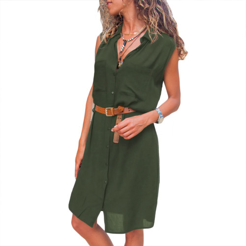 Green Pockets Buttoned Sleeveless Shirt Dress