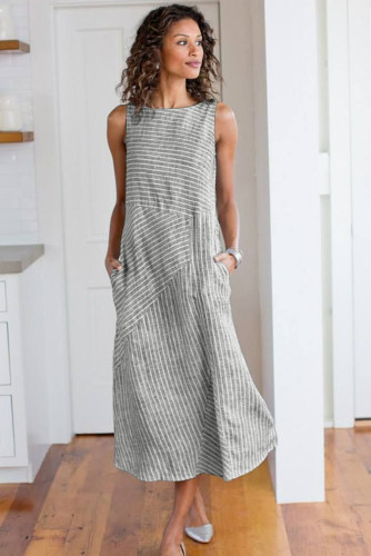Gray Crew Neck Striped Shift Daily Dress