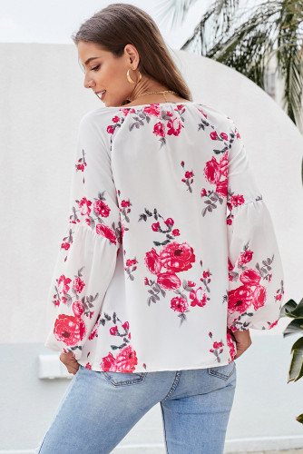 Red Ballon Sleeve Floral Shirt Top