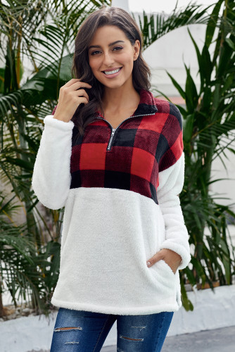 Red Fuzzy Pullover with Plaid Detail
