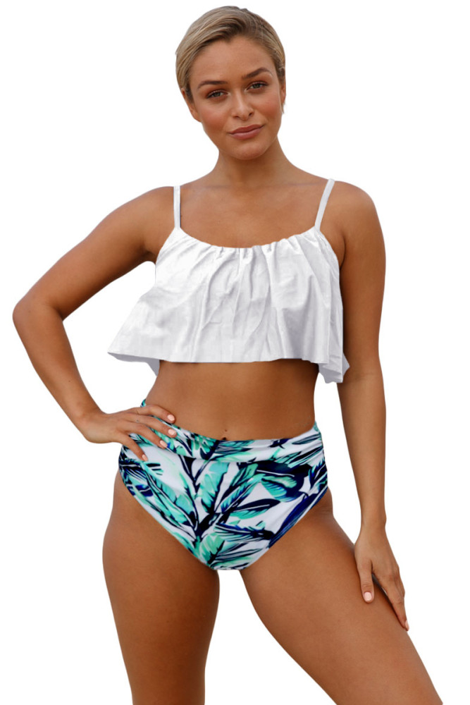 White Ruffle Top High Waist Bottom Bikini Swimsuit