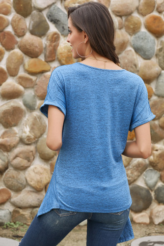Blue Wrap Self Tie Waist Short Sleeve Top