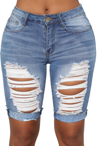 Turn Up Cuffs Above-knee Length Ribbed Jeans