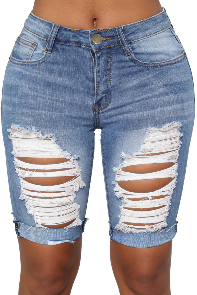 Turn Up Cuffs Above-knee Length Ribbed Jeans