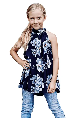 Blue Little Girls Floral A-line Blouse
