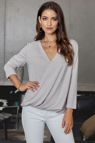 Light Gray Wrap Hi-lo Hem Blouse