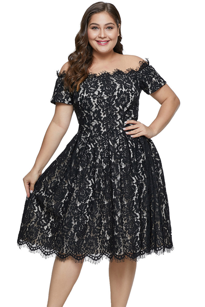 Black Short Sleeve Off-shoulder Lace Plus Size Dress