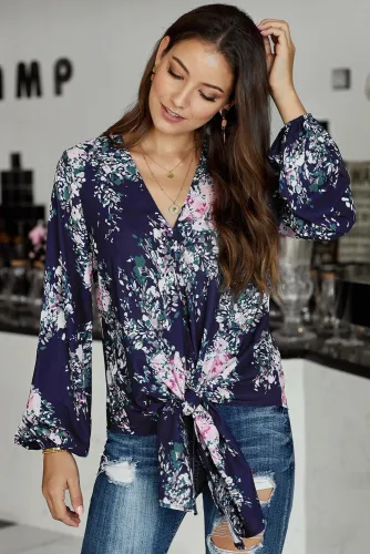 Blue V Neck Long Sleeve Tie Front Blouse