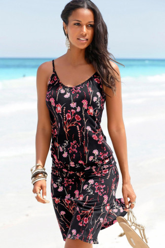Red Blooming Flower Print Summer Slip Dress