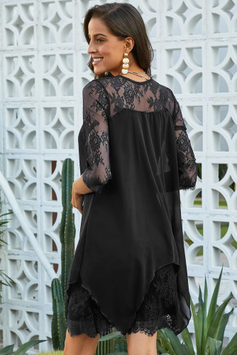 Black Chiffon Overlay Three Quarter Sleeve Dress