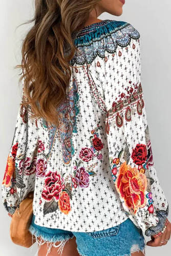 Red Floral Print Long Sleeve Mid-Length Blouse