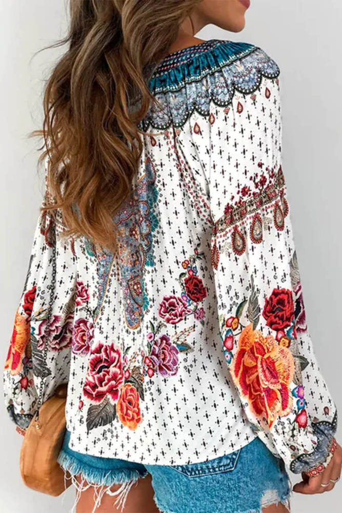 Red Floral Print Long Sleeve Mid-Length Blouse